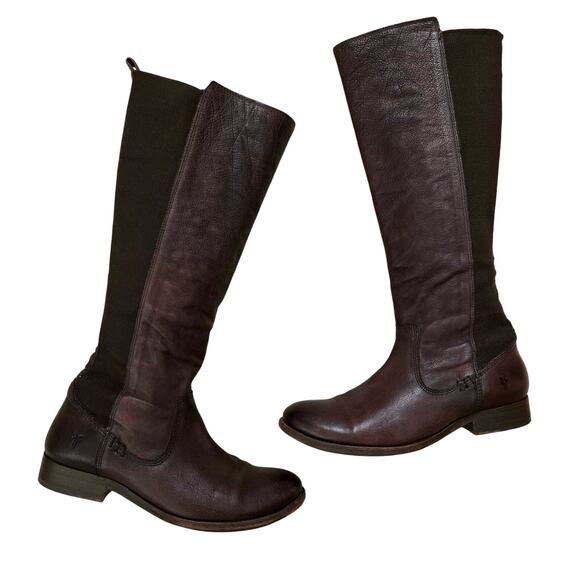 Frye Shoes - Vintage Frye Molly Gore Stretch Leather Tall Pull On Riding Boot Dark Brown 8